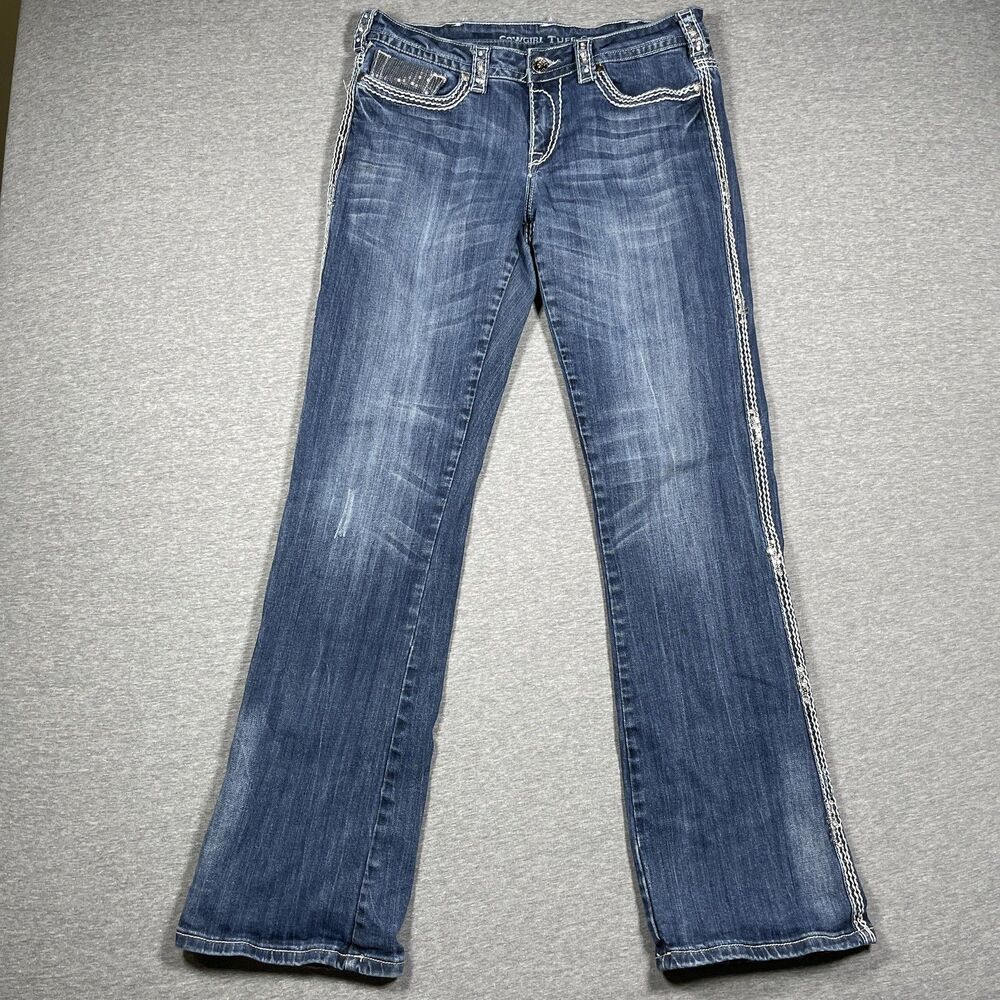 Cowgirl Tuff Co Jeans Womens 31x35 Blue Bootcut Slim Sequin Rhinestone Mid Rise